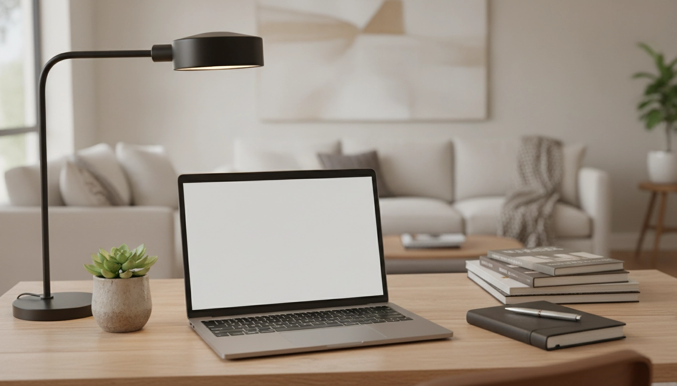 Détails ergonomiques pour un coin bureau télétravail dans un salon fonctionnel