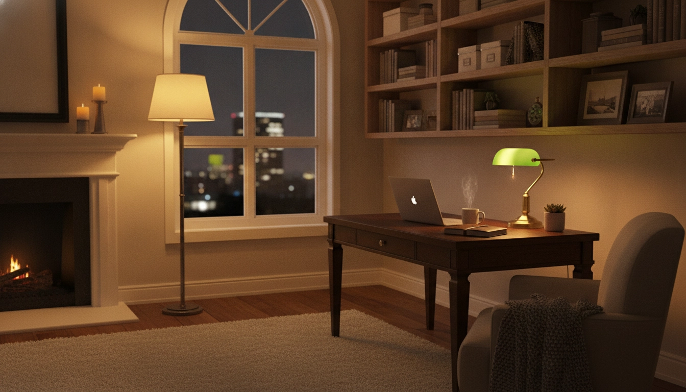 Coin bureau télétravail dans un salon fonctionnel optimisé pour le soir