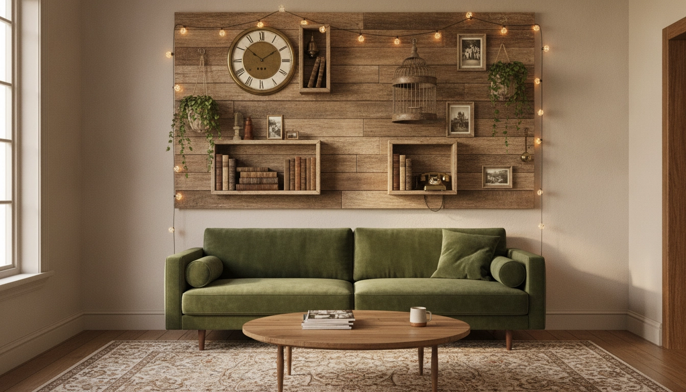 Exemple pour créer une décoration murale originale avec des matériaux de récupération dans un salon.