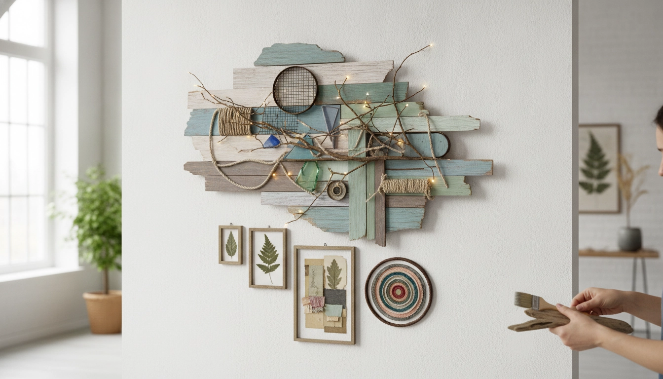 Une décoration murale originale avec des matériaux de récupération installée dans un salon moderne.