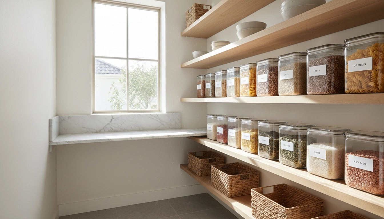 Astuces pour créer garde-manger fonctionnel petite cuisine avec des bocaux en verre carrés et uniformes.