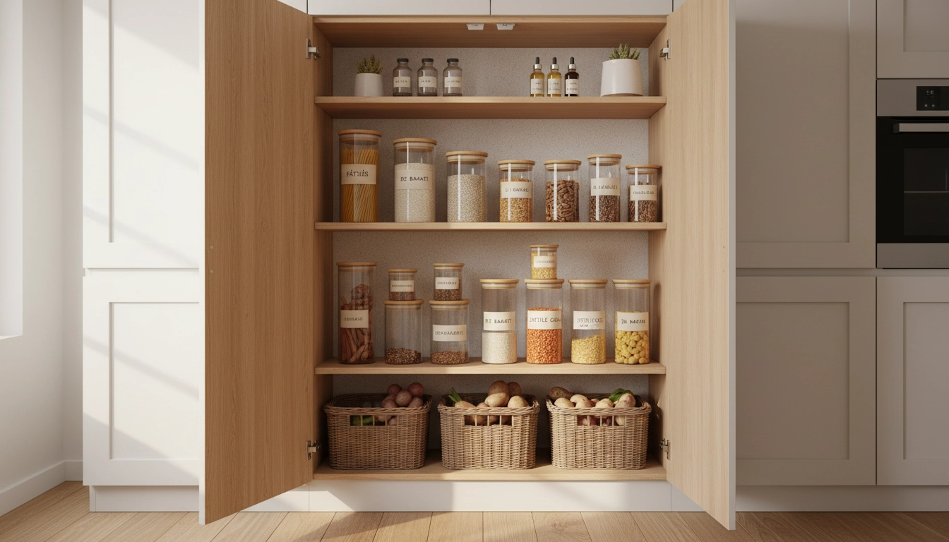 Idée pour créer un garde-manger fonctionnel petite cuisine avec des bocaux en verre étiquetés sur étagères en bois