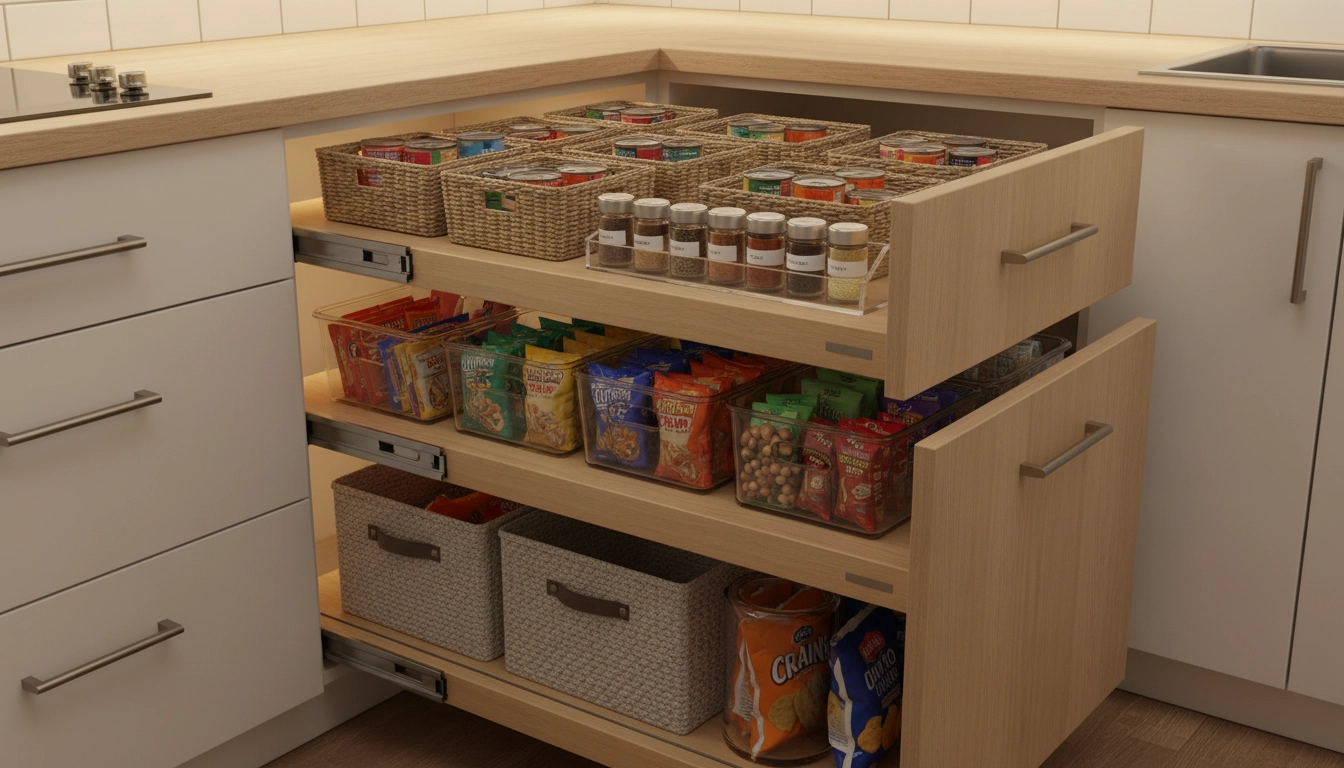 Tiroirs coulissants organisés par catégories dans une cuisine exiguë pour un accès facilité.
