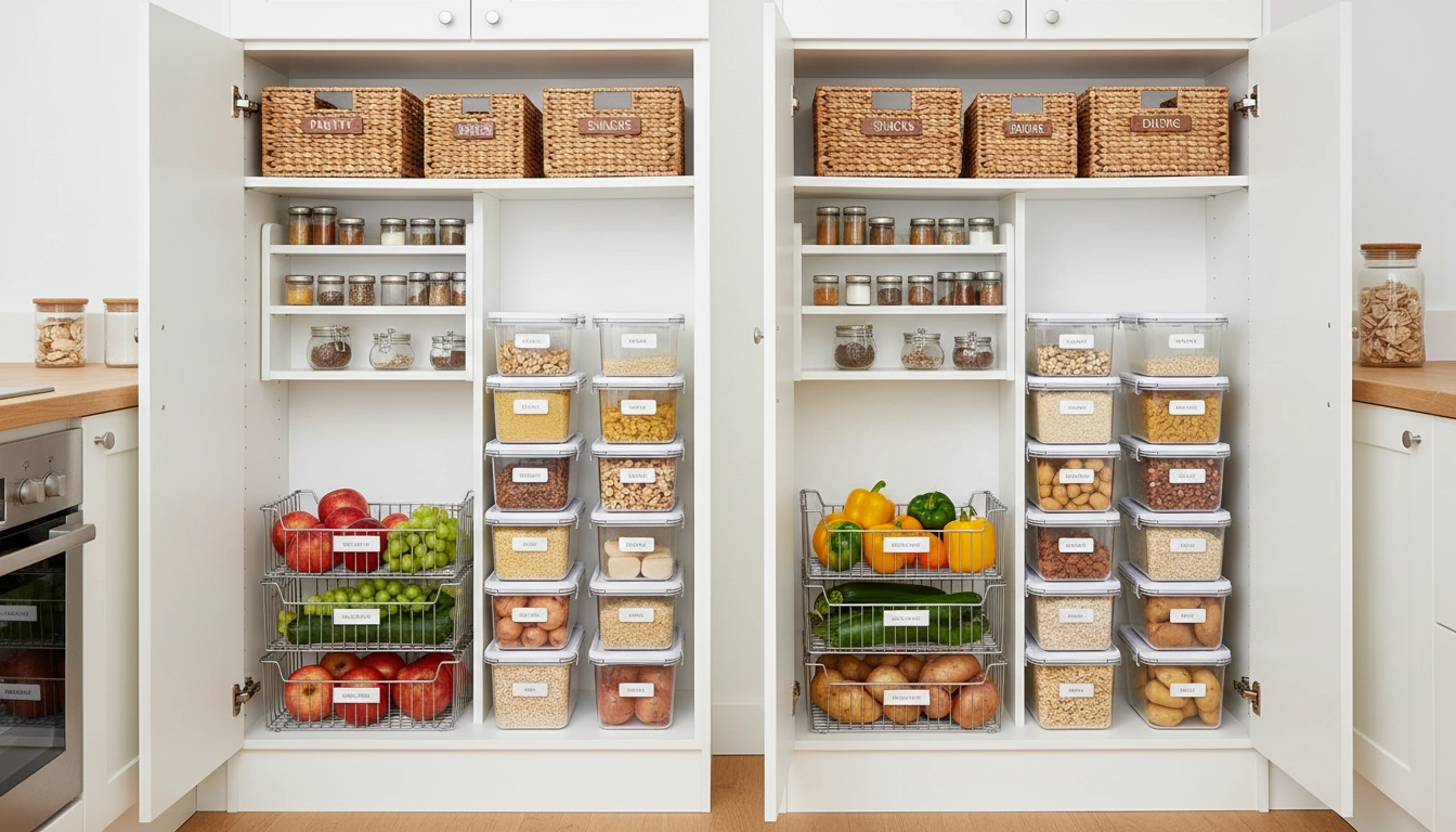 Système de rangement garde-manger avec paniers, épices et boîtes hermétiques dans une cuisine compacte