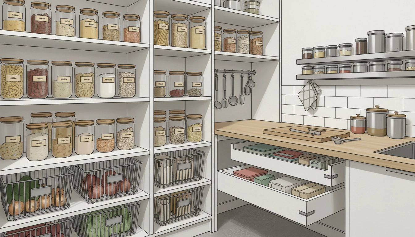 Cuisine moderne avec des bocaux en verre parfaitement alignés, illustrant la méthode pour créer garde-manger fonctionnel petite cuisine.