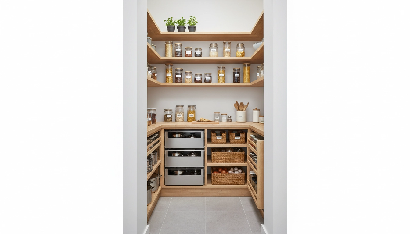 Intérieur d'un placard garde-manger bien organisé dans une petite cuisine avec des bocaux étiquetés et des étagères ajustables