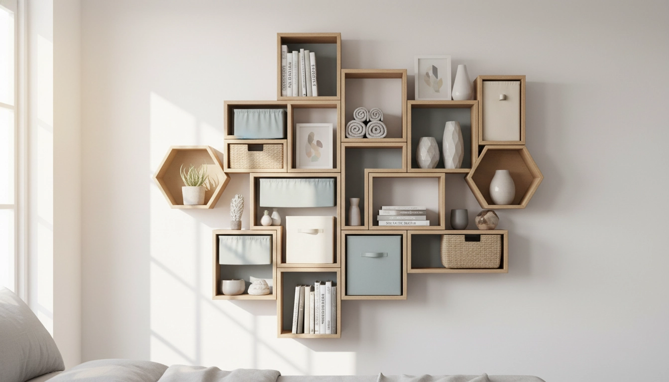 Aménagement esthétique d'un rangement mural en bois fait maison dans une chambre