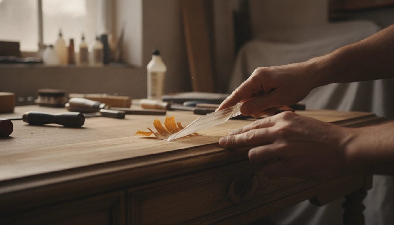 Détail de la main utilisant des décaper meuble ancien vernis techniques avec une spatule en plastique.