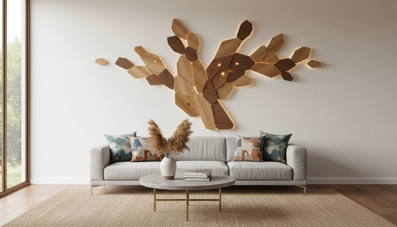 Salon avec une décoration murale originale composée de cadres, de plantes et d'éléments artisanaux