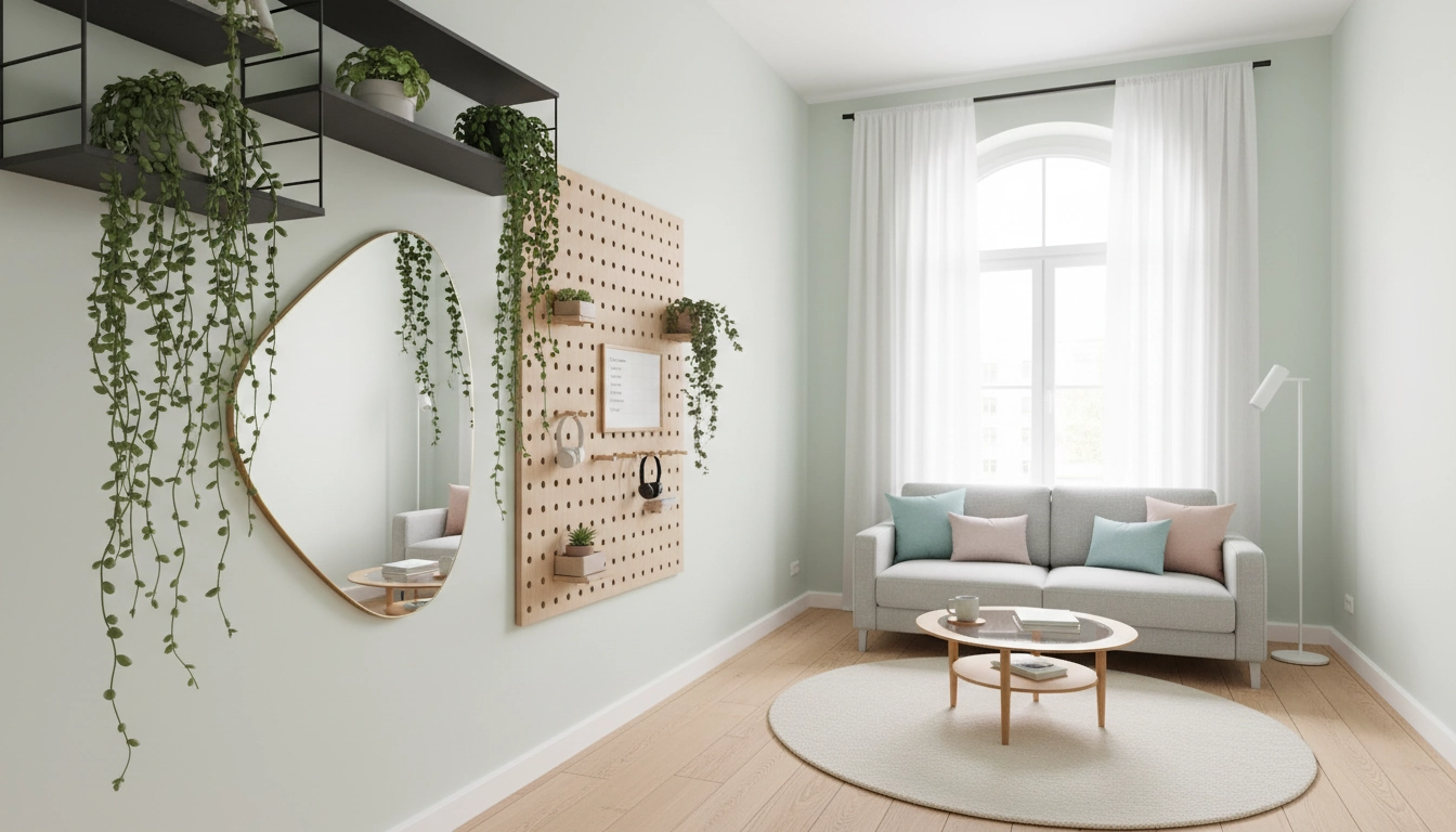 Idée de décoration murale originale pour petit appartement avec étagères filaires et miroirs.