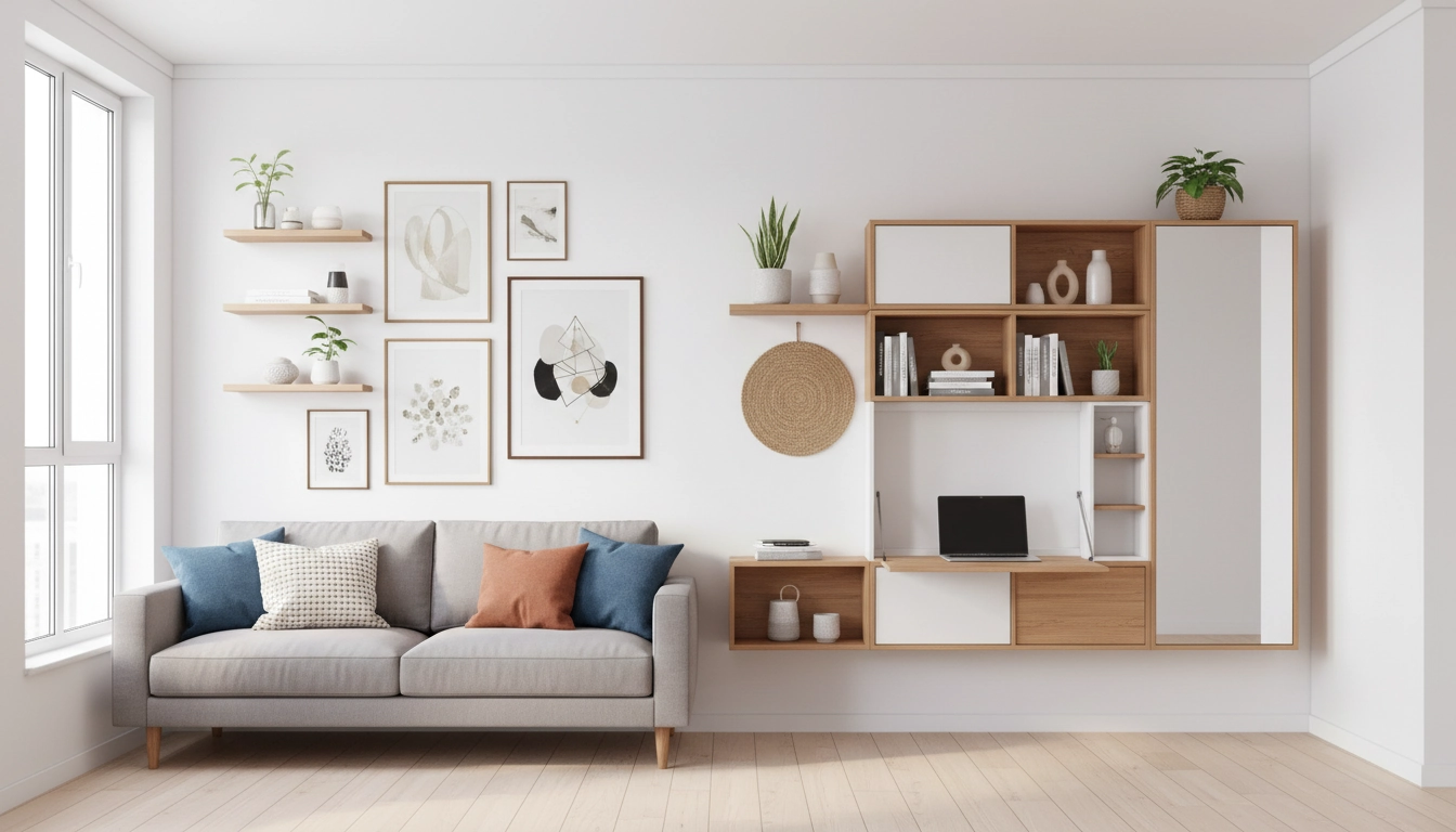 Un salon de petit appartement avec une décoration murale originale et astucieuse.