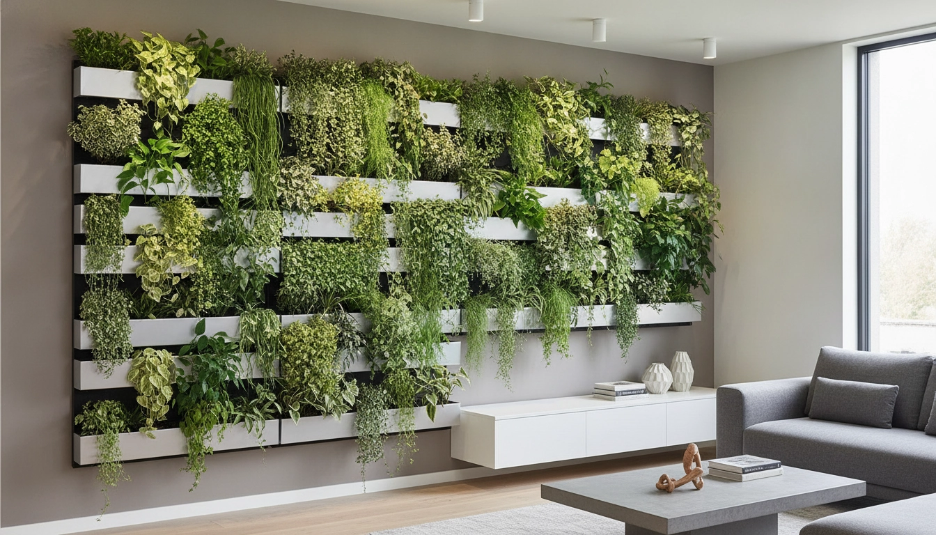 Exemple de décoration murale originale avec des plantes vertes dans un salon moderne.