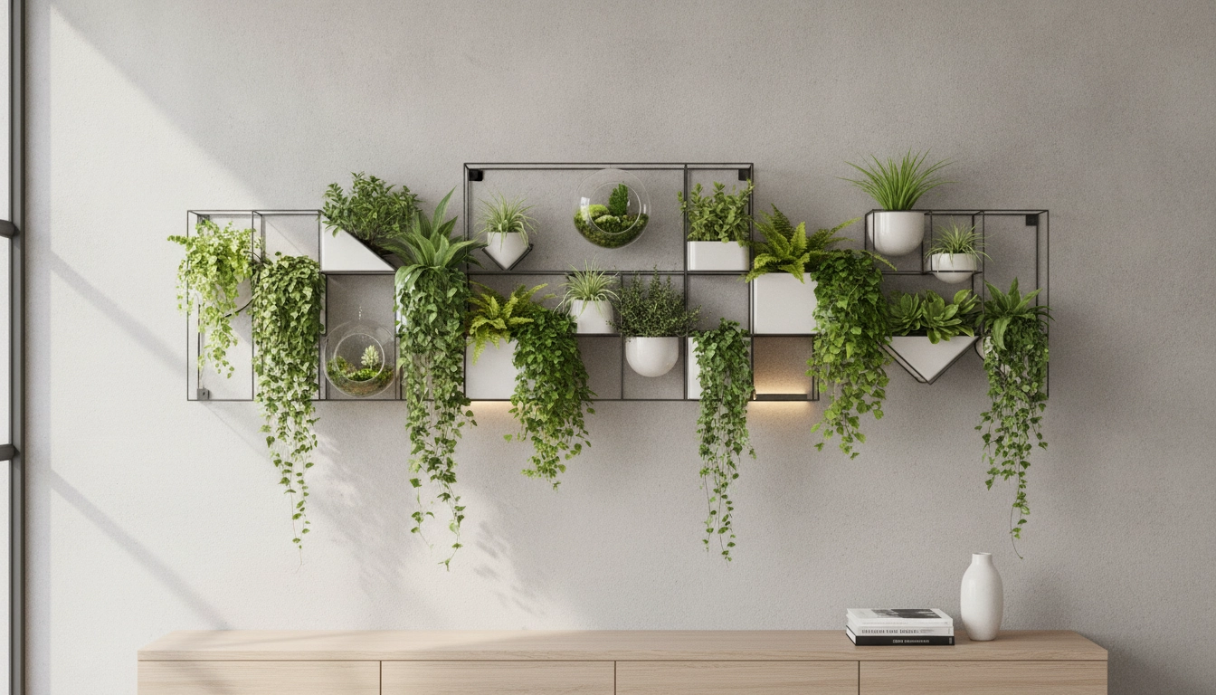 Mur végétal intérieur avec des plantes tombantes pour une décoration murale originale avec des plantes vertes.