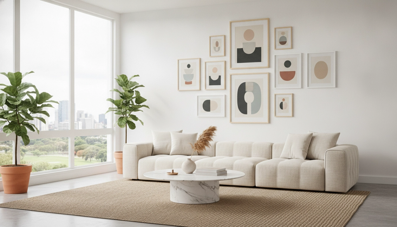 Exemple de décoration murale originale sans percer pour locataire installée dans un salon contemporain.
