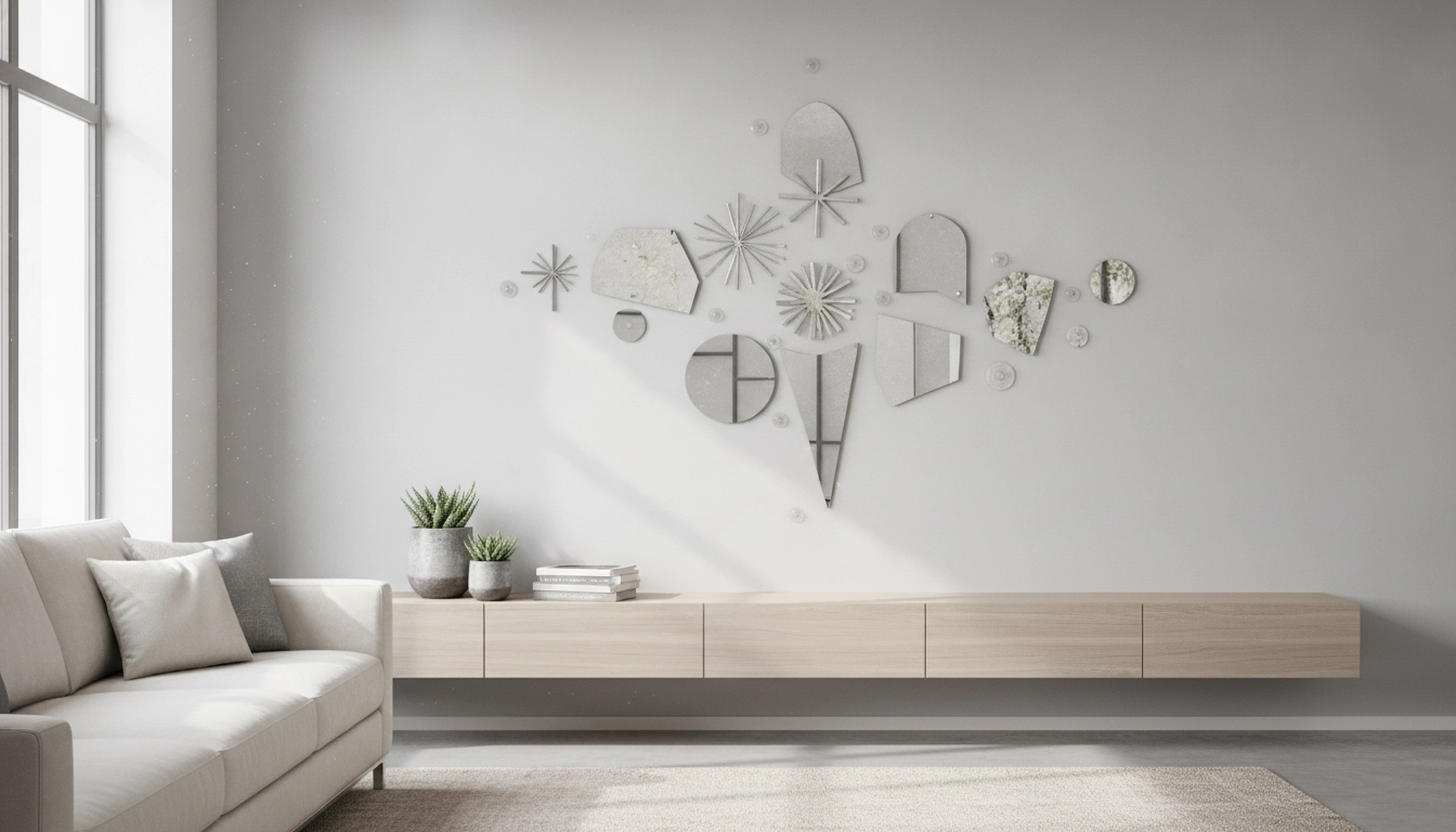 Une décoration murale originale sans percer pour locataire avec des cadres légers et des adhésifs invisibles dans un salon moderne.