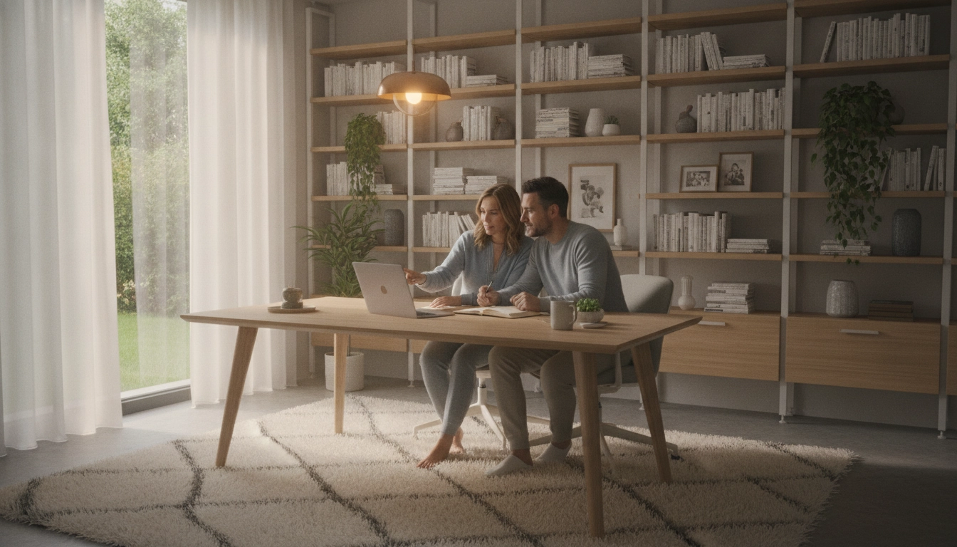 Couple en train de définir objectifs financiers gestion budget familial dans un bureau lumineux.