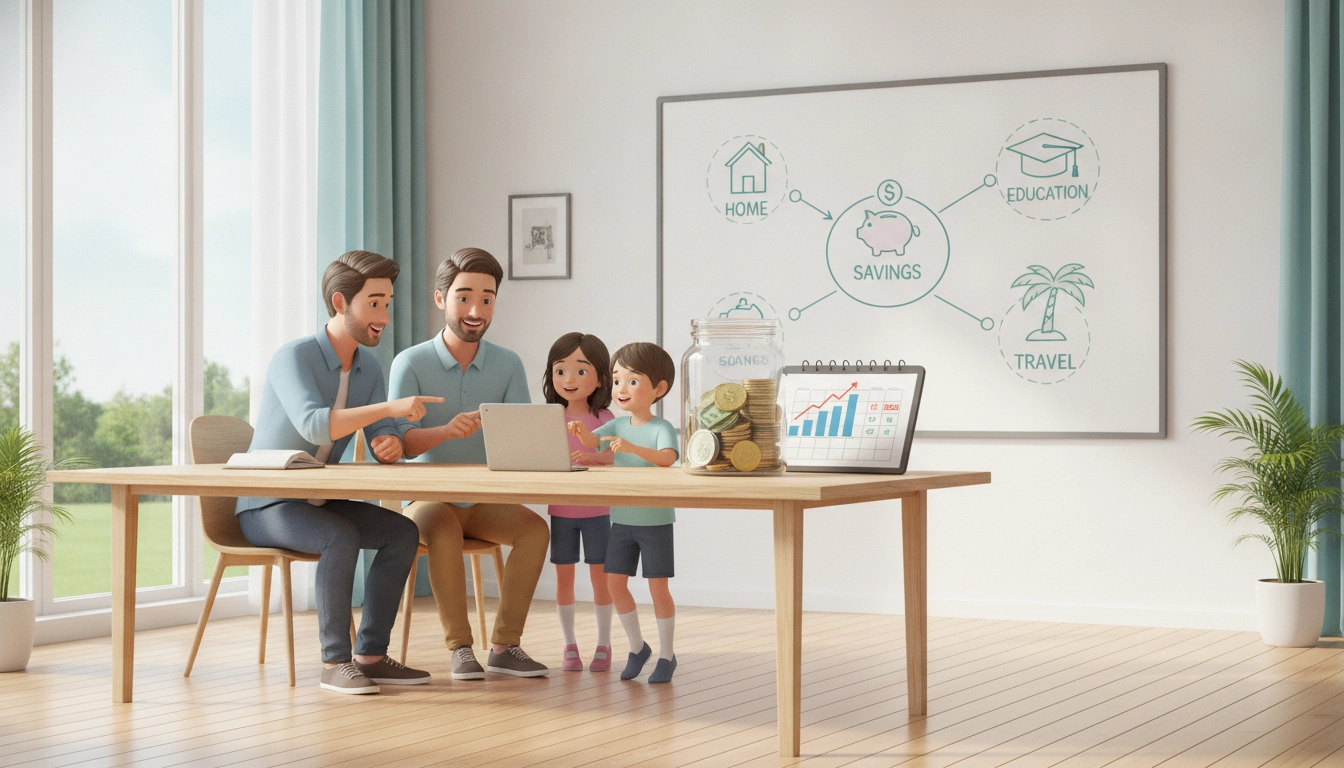 Une famille organisant ses finances avec un tableau de bord budgétaire sur une tablette.