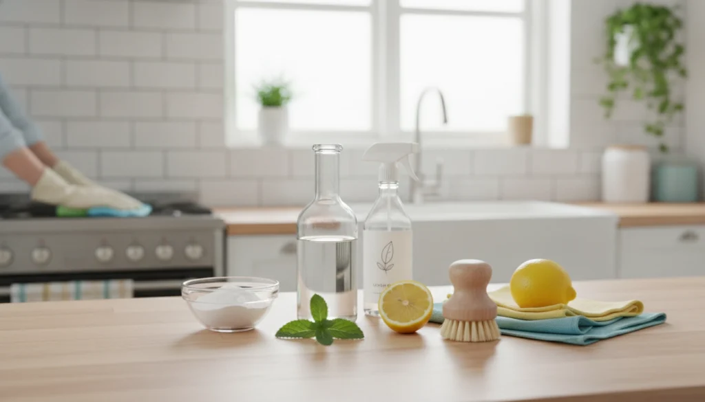 Une cuisine moderne propre grâce à une méthode pour dégraisser cuisine sans produits chimiques avec du vinaigre.
