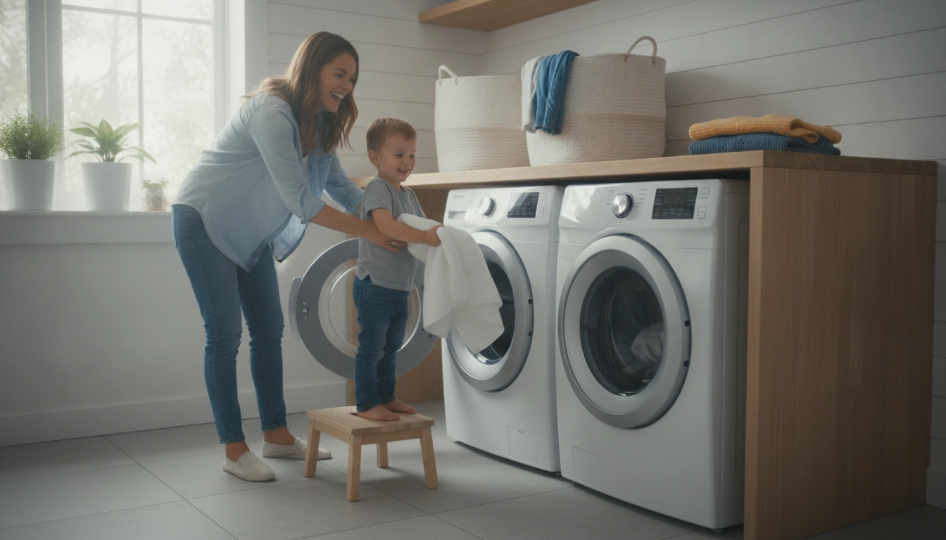 Un enfant aide ses parents à trier le linge pour alléger les tâches ménagères.
