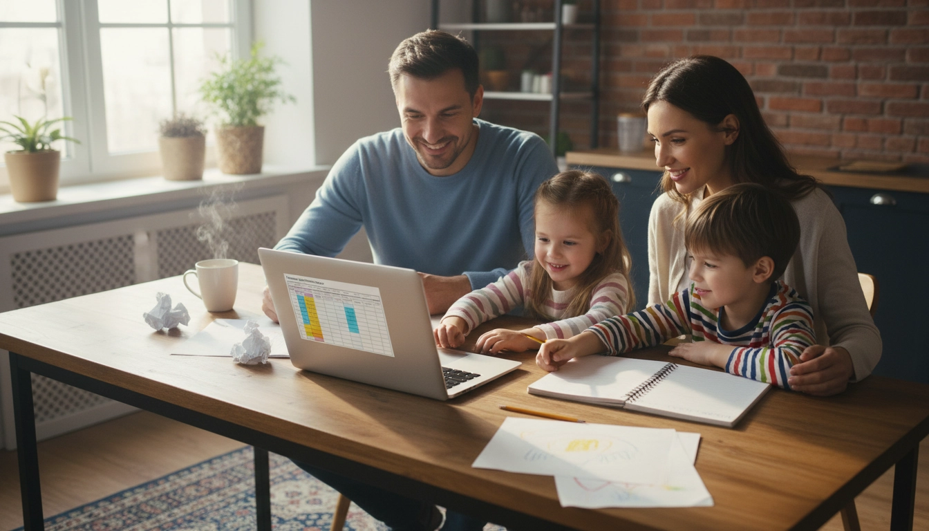 Parents et enfants autour d'une table pour démarrer une gestion budget familial sans stress