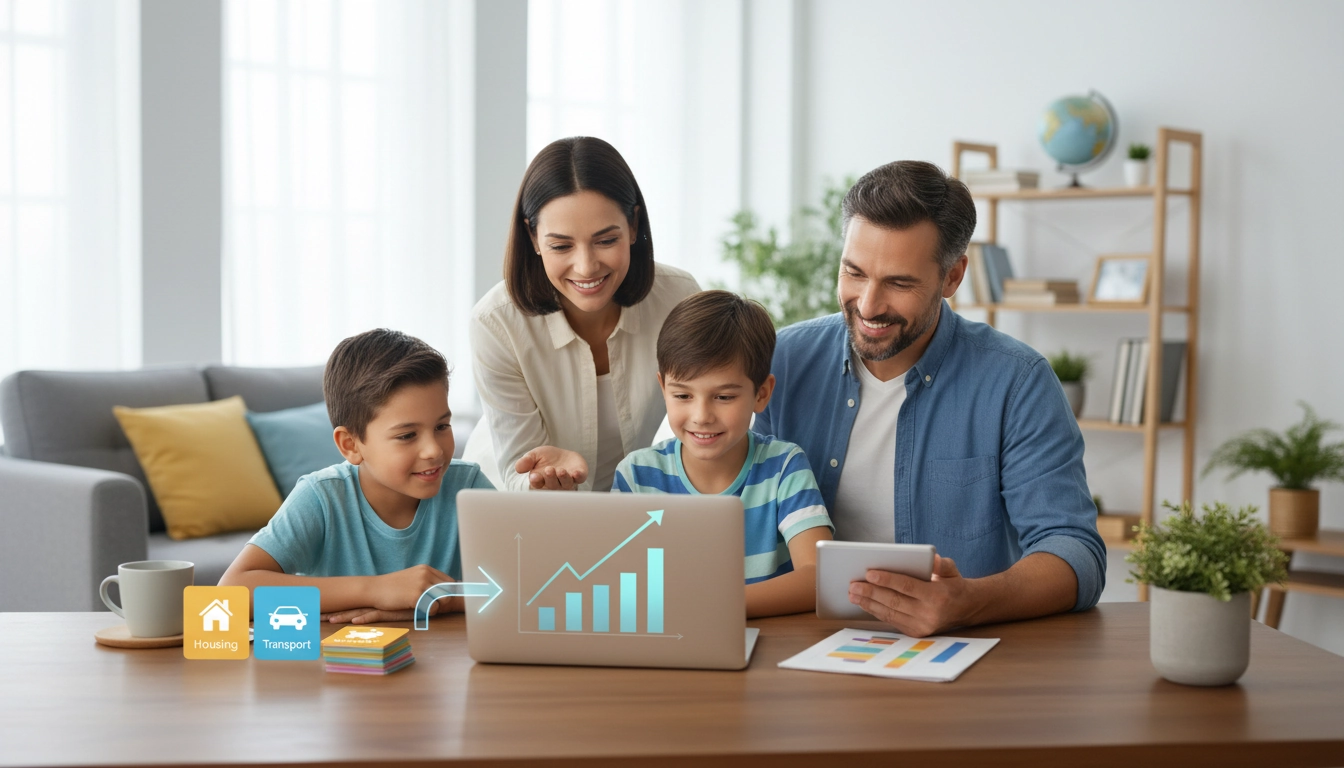 Famille sereine autour d'une table en train de planifier leur budget familial ensemble