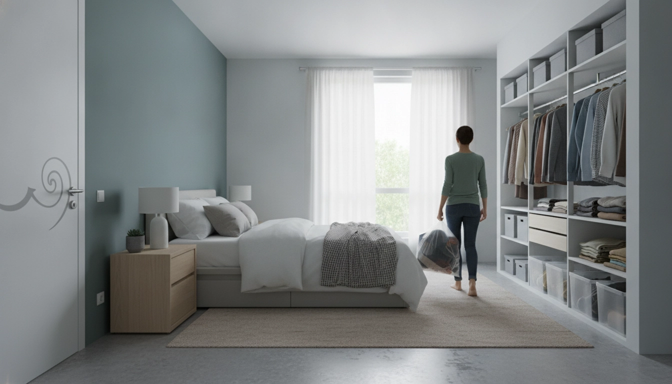 Une chambre lumineuse et minimaliste parfaitement rangée