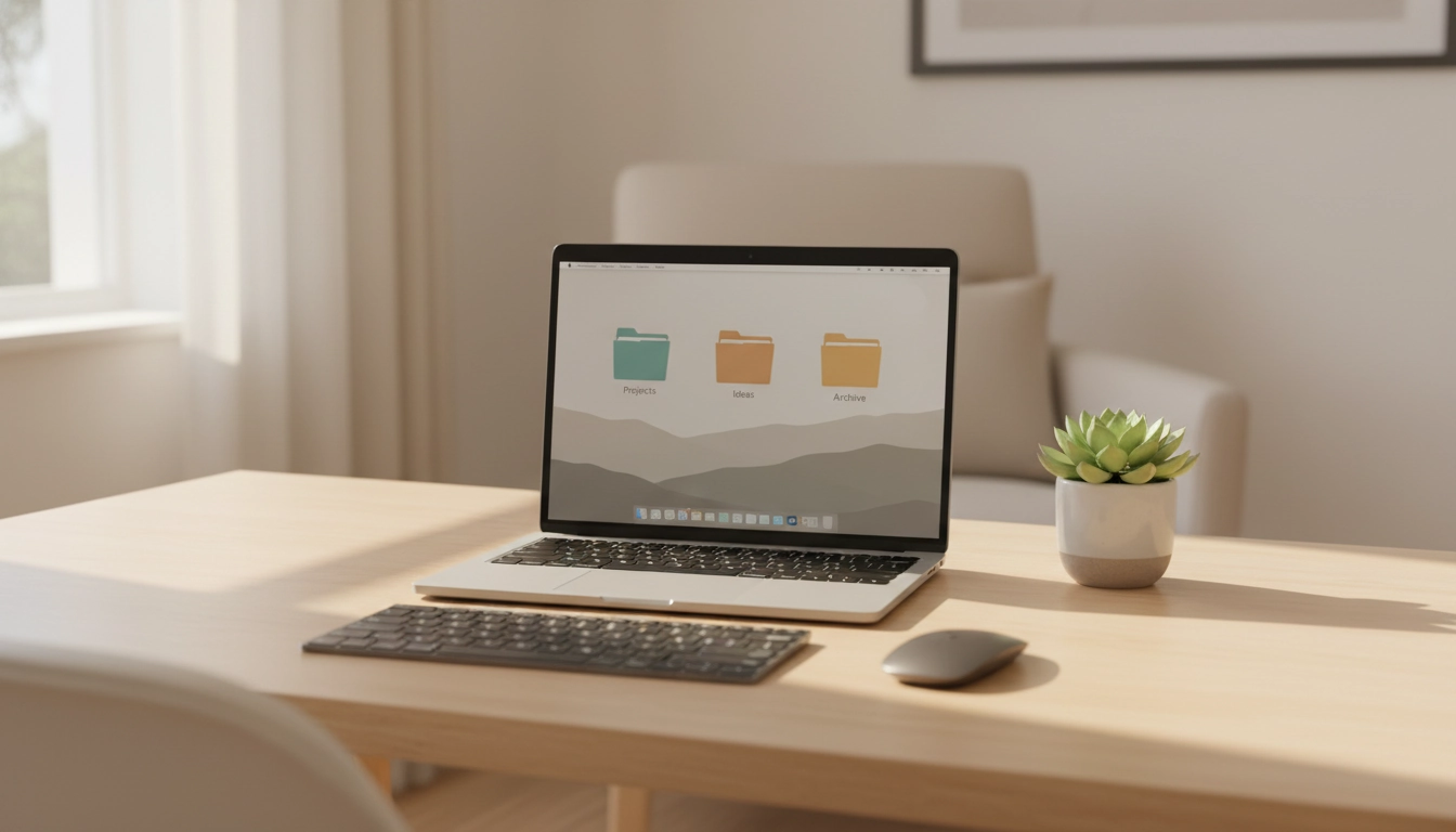 Bureau minimaliste et ordonné illustrant comment désencombrer son espace numérique pour plus de clarté mentale au quotidien