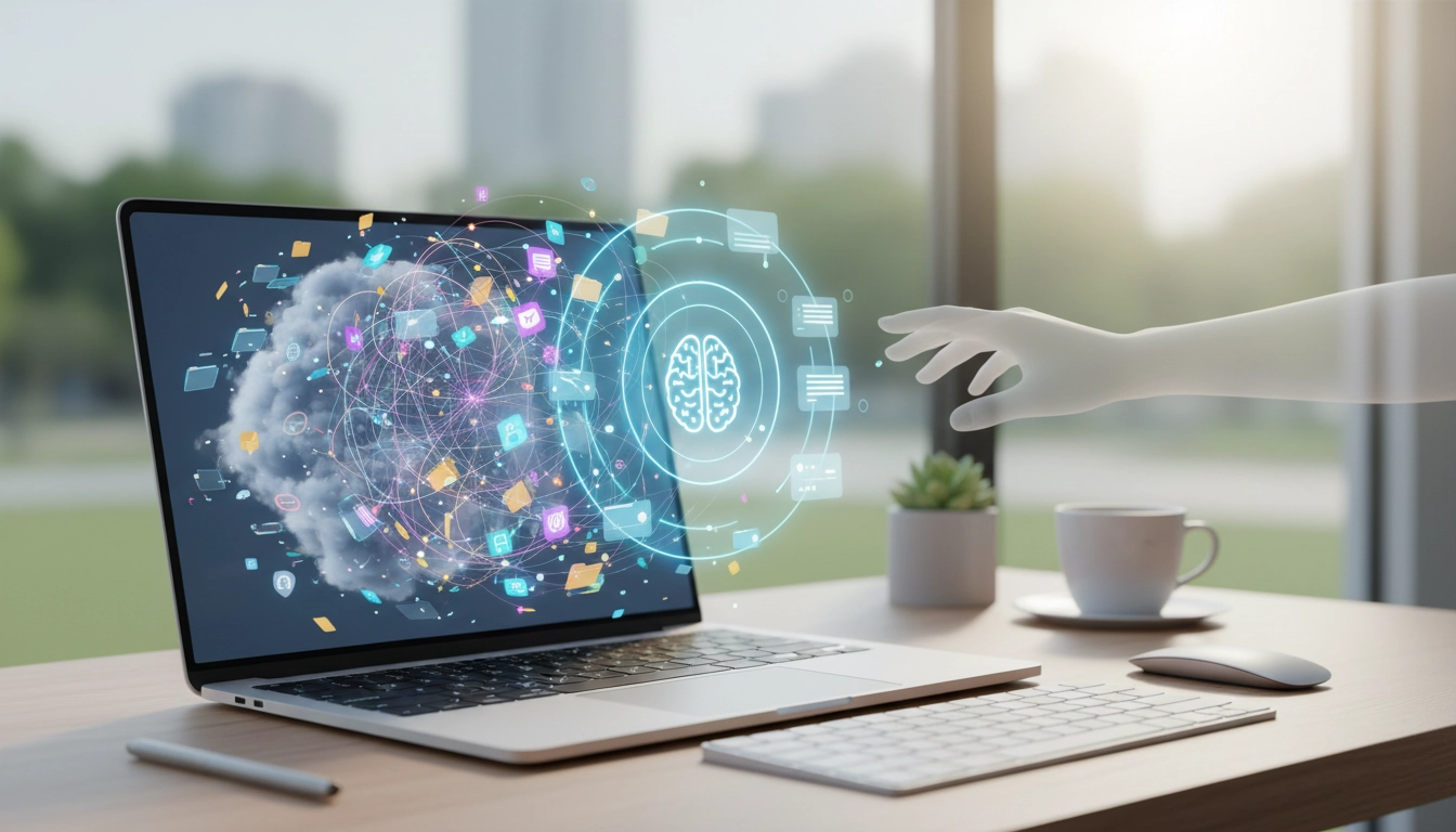 Espace de travail épuré avec ordinateur portable ouvert sur un bureau minimaliste, illustrant le désencombrement numérique pour plus de clarté mentale