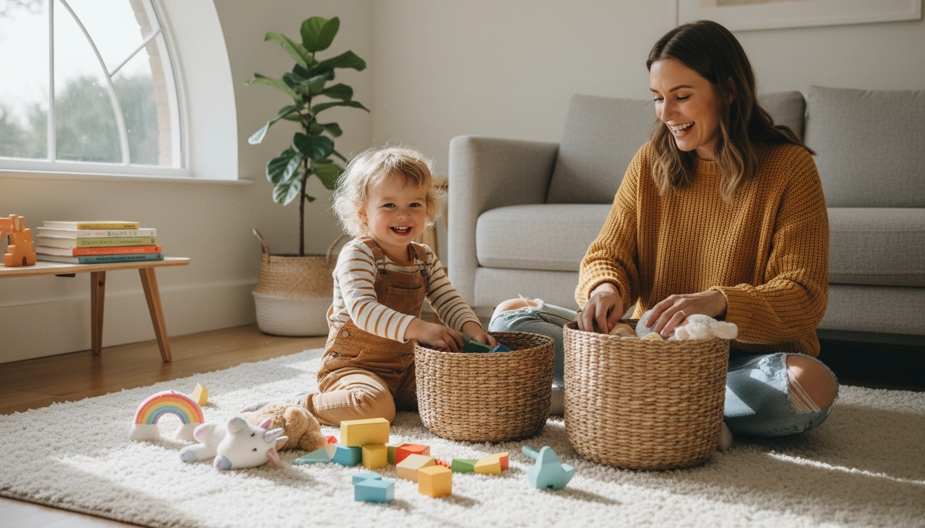 Mère et fils appliquant une méthode pour désencombrer jouets enfants sans drame dans le salon.