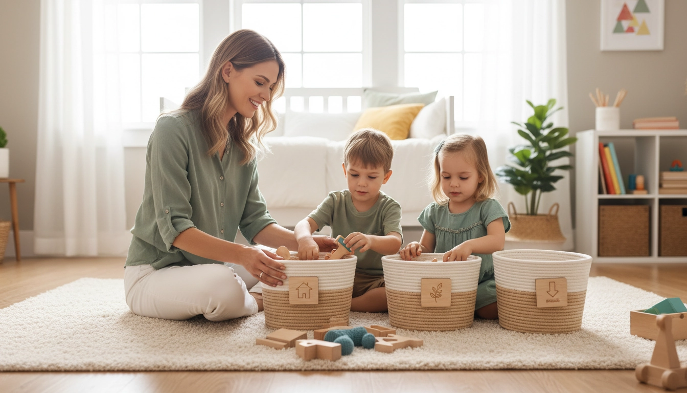 Une mère souriante trie des jouets avec son jeune enfant dans le salon, illustrant une méthode bienveillante.