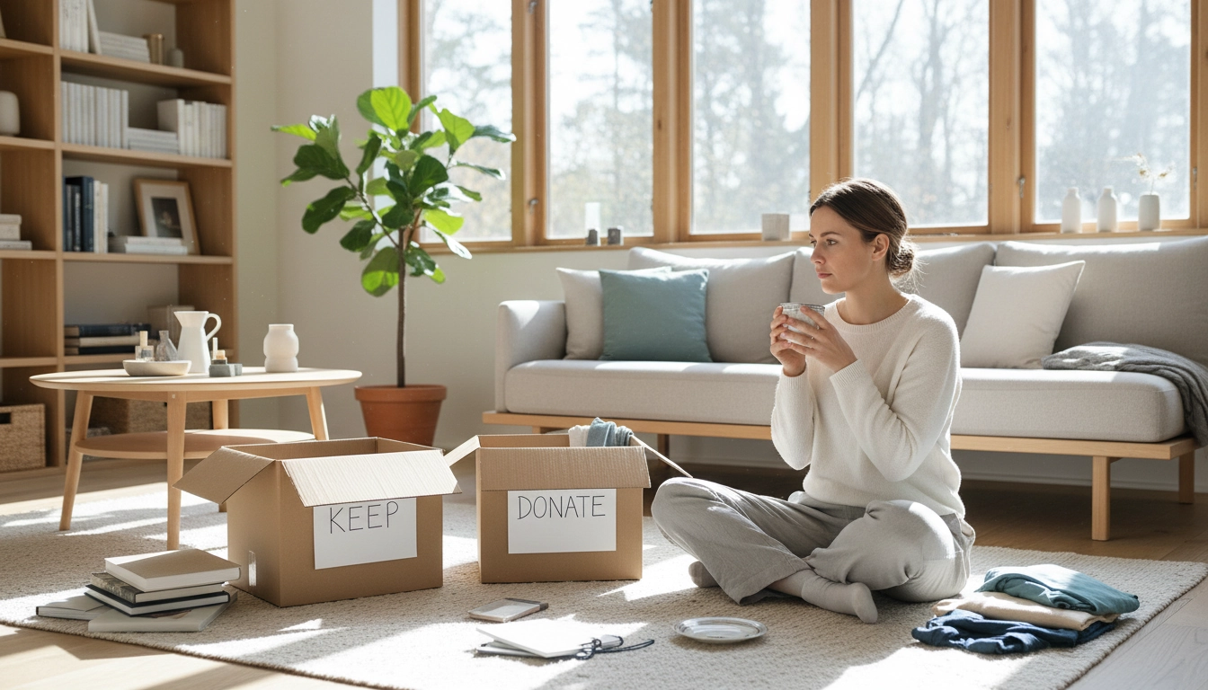 Femme en train de désencombrer sa maison avec des cartons de tri dans un salon lumineux