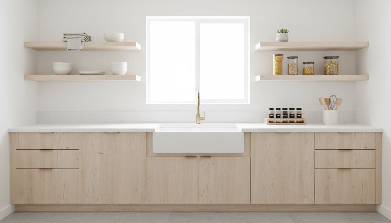 Petite cuisine parfaitement organisée après désencombrement avec des étagères épurées