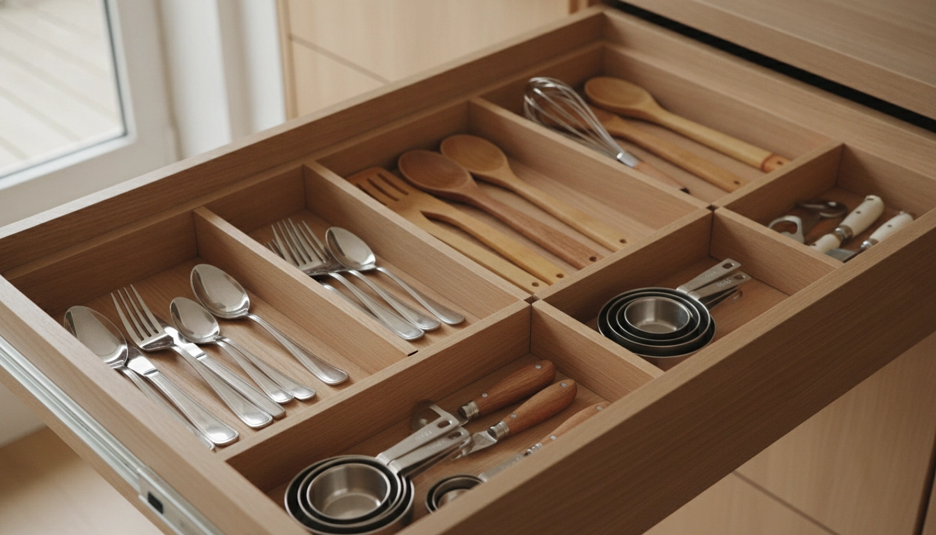 Des tiroirs bien rangés grâce à des séparateurs pour désencombrer petite cuisine rapidement.