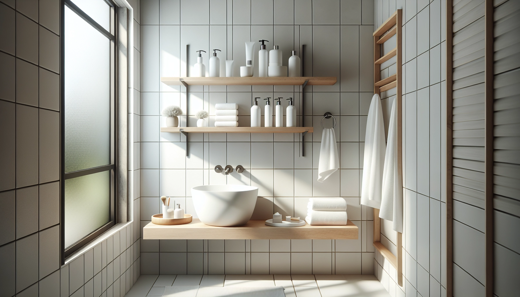 Salle de bain désencombré et rangée avec étagères en bois et produits soigneusement sélectionnés illustrant les étapes pour désencombrer salle bain étapes