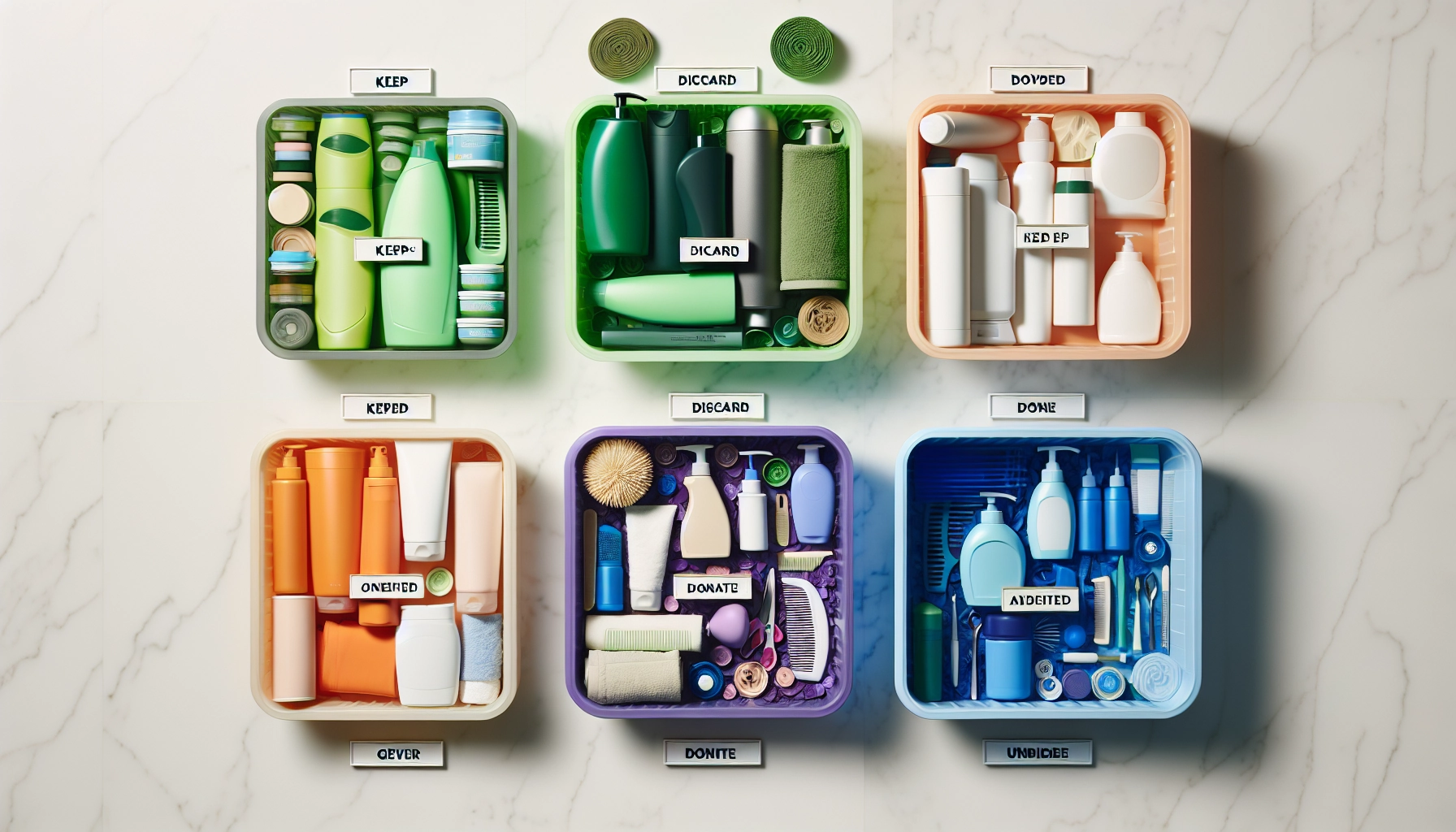 Produits de salle de bain triés en quatre catégories pour désencombrer la salle de bain méthodiquement