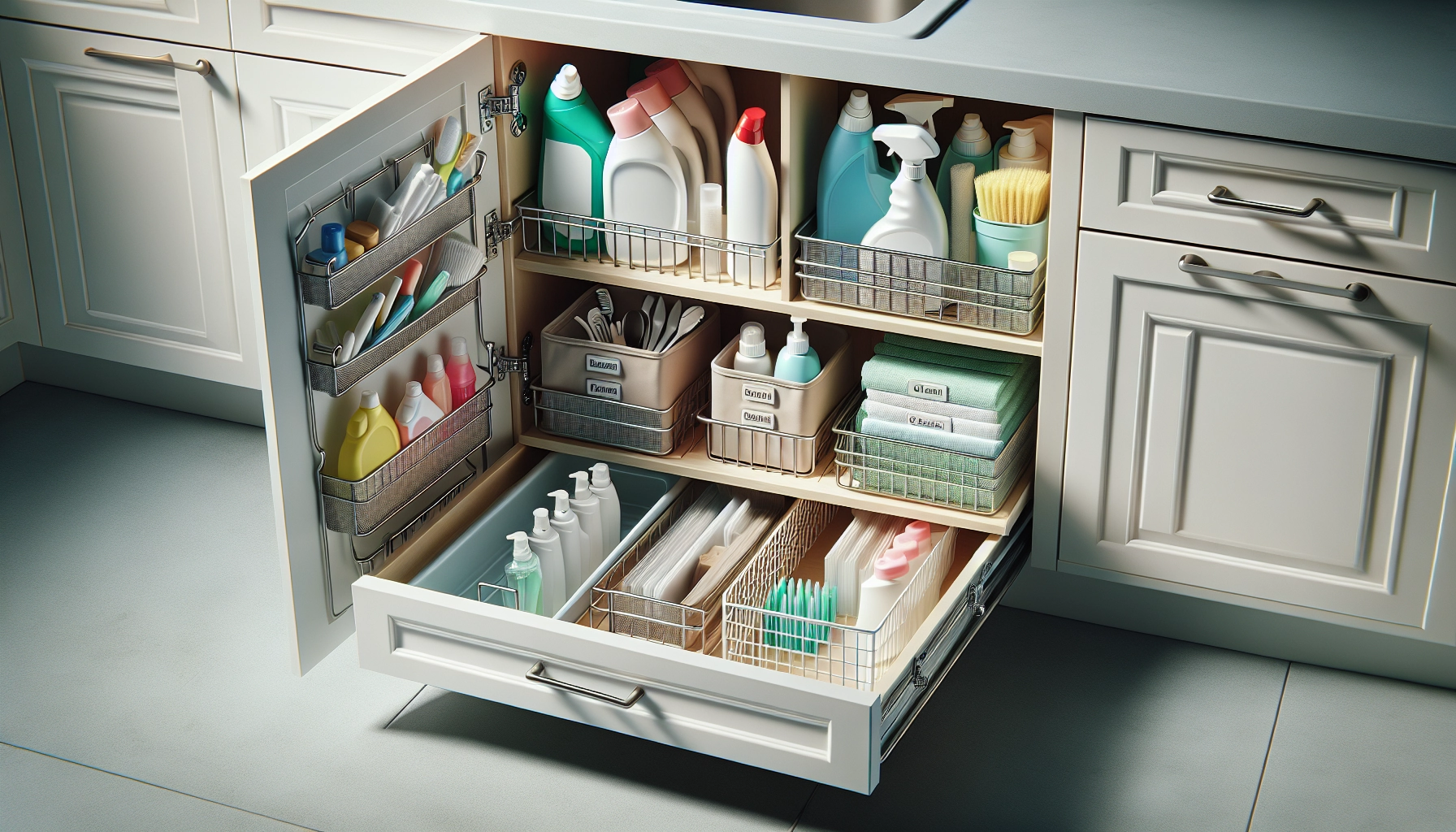 Rangement sous lavabo organisé avec paniers coulissants et bacs étiquetés après désencombrement de la salle de bain