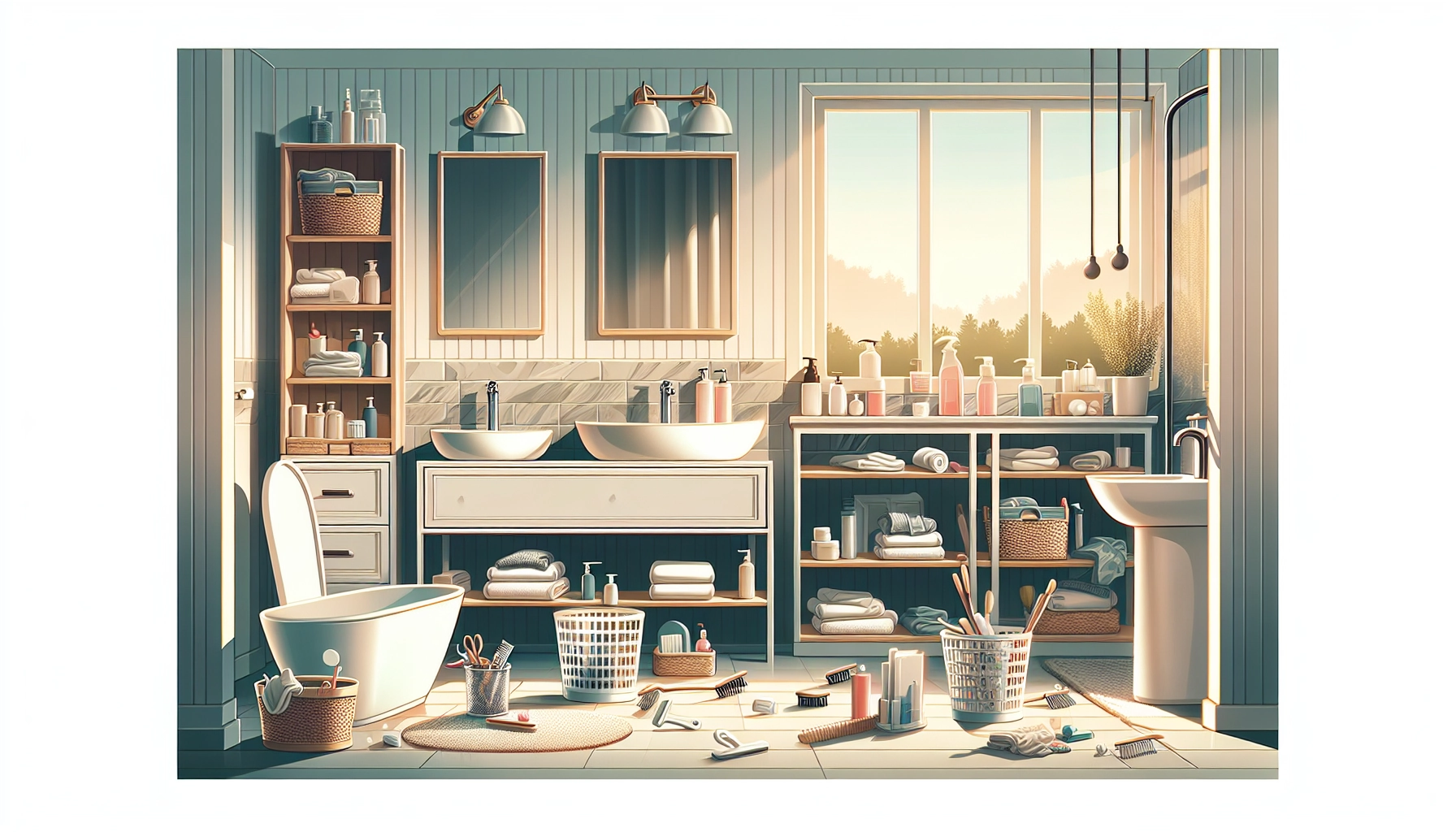 Salle de bain désencombré et organisé avec rangements minimalistes et atmosphère sereine