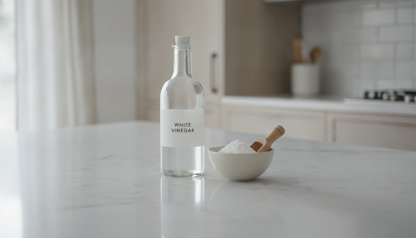 Désinfecter maison vinaigre blanc bicarbonate : les essentiels naturels sur un plan de travail.