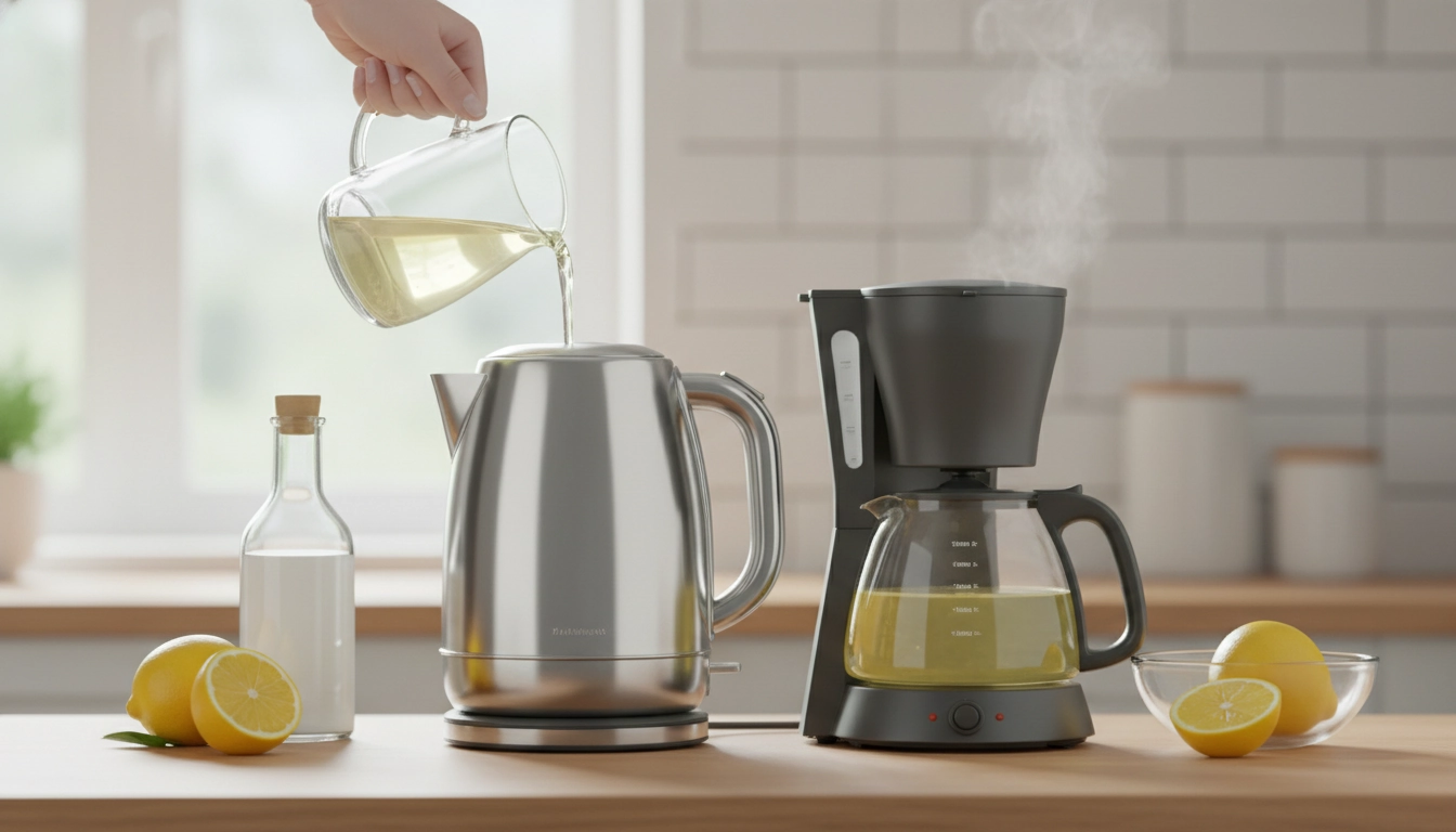 Cuisine lumineuse avec ingrédients pour détartrer bouilloire cafetière écologiquement vinaigre citron.