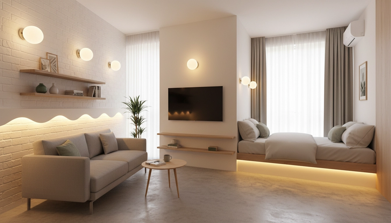 Un studio lumineux démontrant comment un bon éclairage optimiser petit espace.