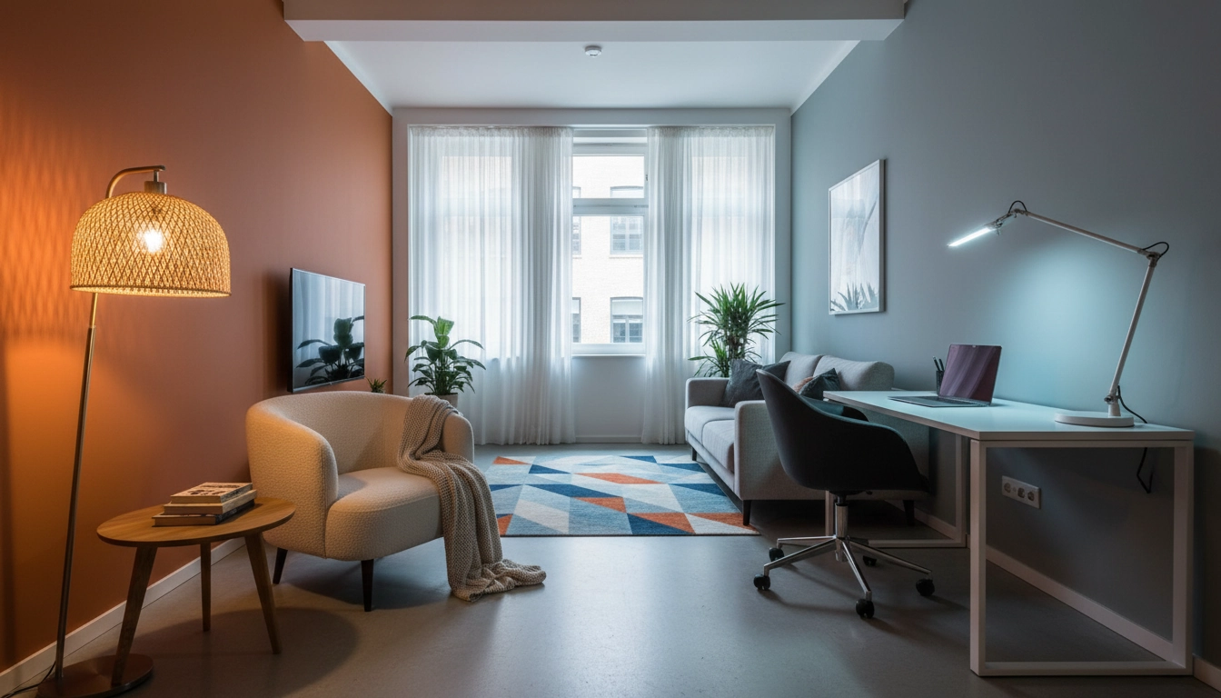 Différentes températures de couleur dans un petit salon moderne.