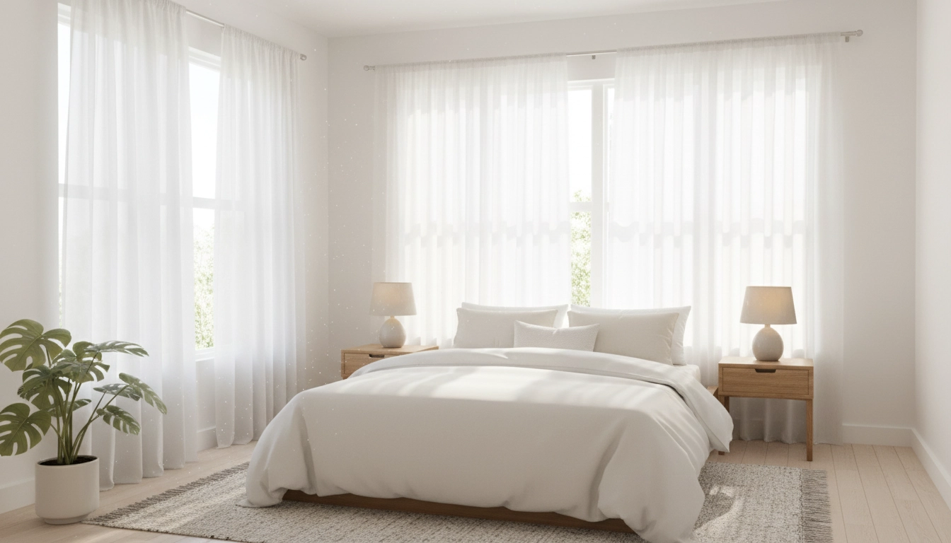 Chambre exiguë inondée de lumière naturelle grâce à des voilages légers.