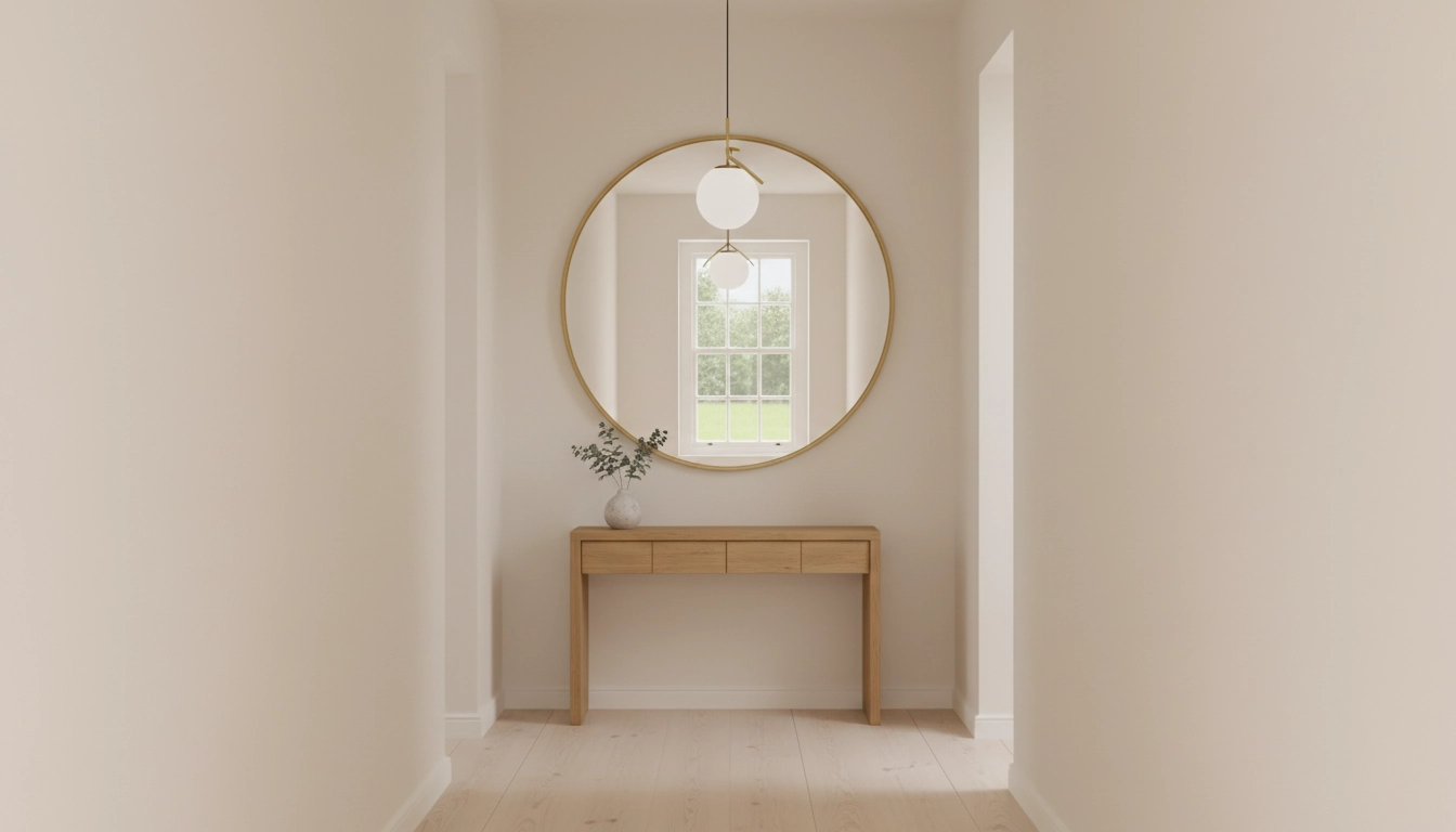 Miroir stratégiquement placé reflétant la lumière dans un couloir étroit.