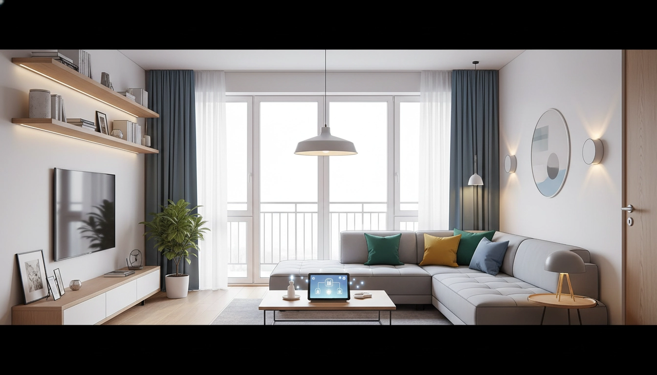 Un salon de petite taille parfaitement optimisé grâce à un éclairage stratégique et des luminaires suspendus.