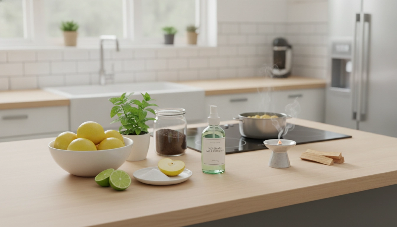Une cuisine propre et lumineuse avec des citrons et du bicarbonate pour éliminer odeurs cuisine naturellement