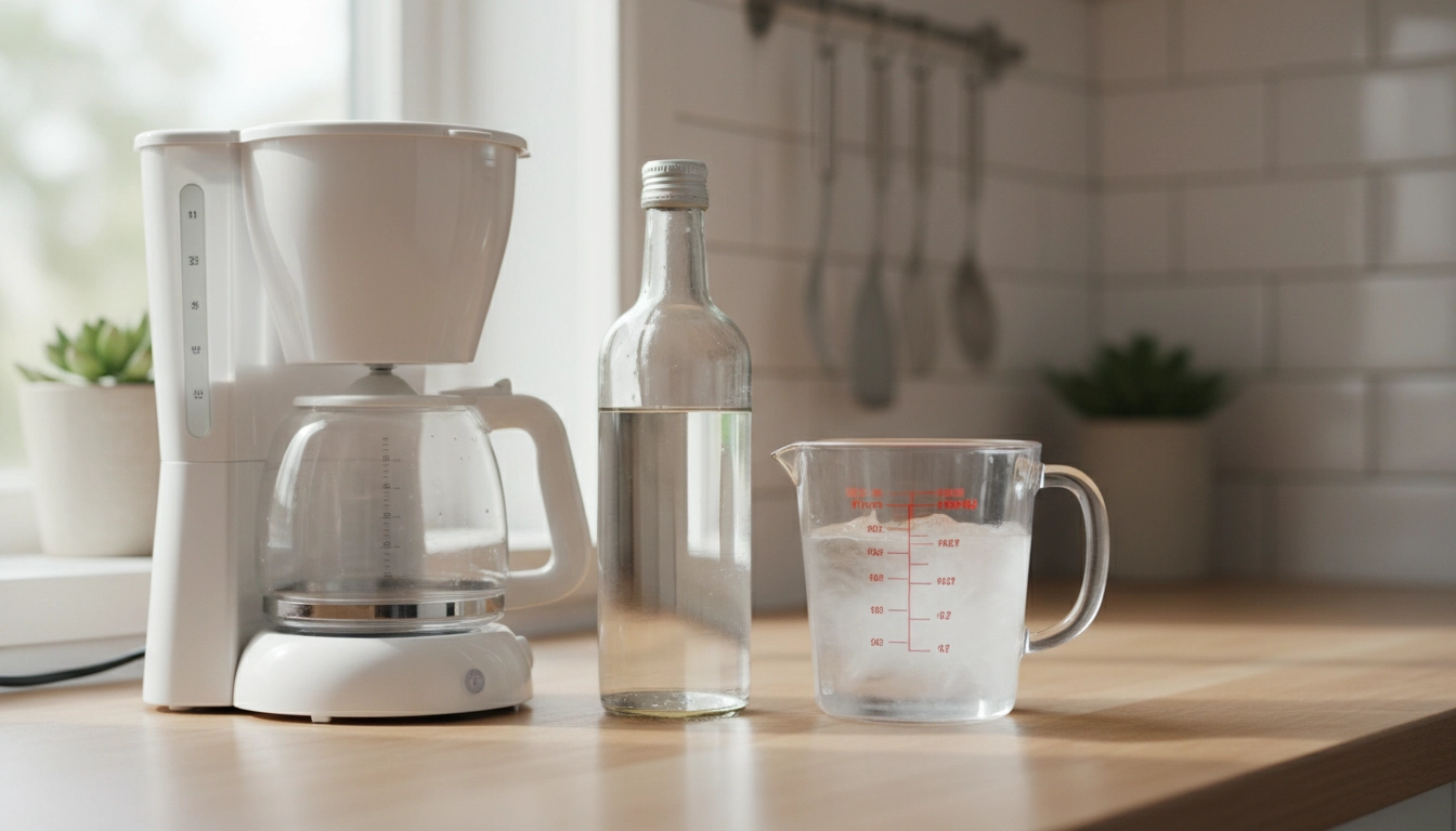 Bouteille de vinaigre blanc et cafetière sur un plan de travail — enlever calcaire vinaigre blanc cafetière avec un mélange eau-vinaigre