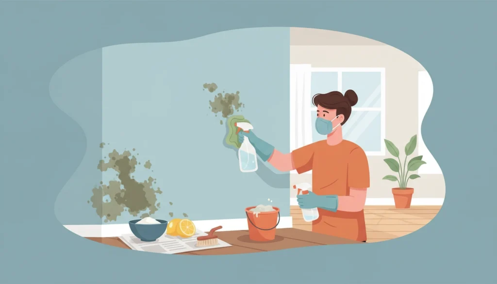 Une personne nettoyant une tache de moisissure sur un mur avec un vaporisateur de vinaigre blanc et une brosse douce.