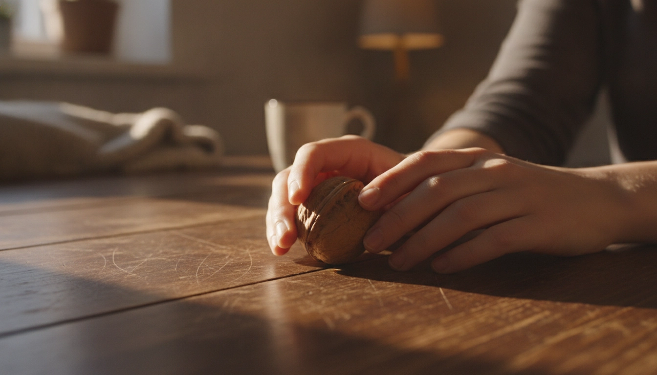 Technique naturelle avec une noix pour enlever rayures fines meubles bois.