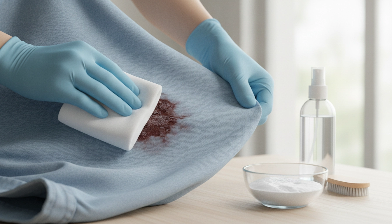 Une personne utilisant une solution naturelle pour enlever tache sang sec vêtement délicatement