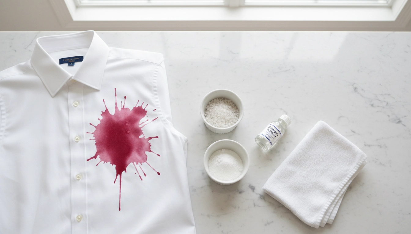 Produits naturels pour enlever une tache de vin rouge sur un vêtement blanc : sel, bicarbonate et eau oxygénée